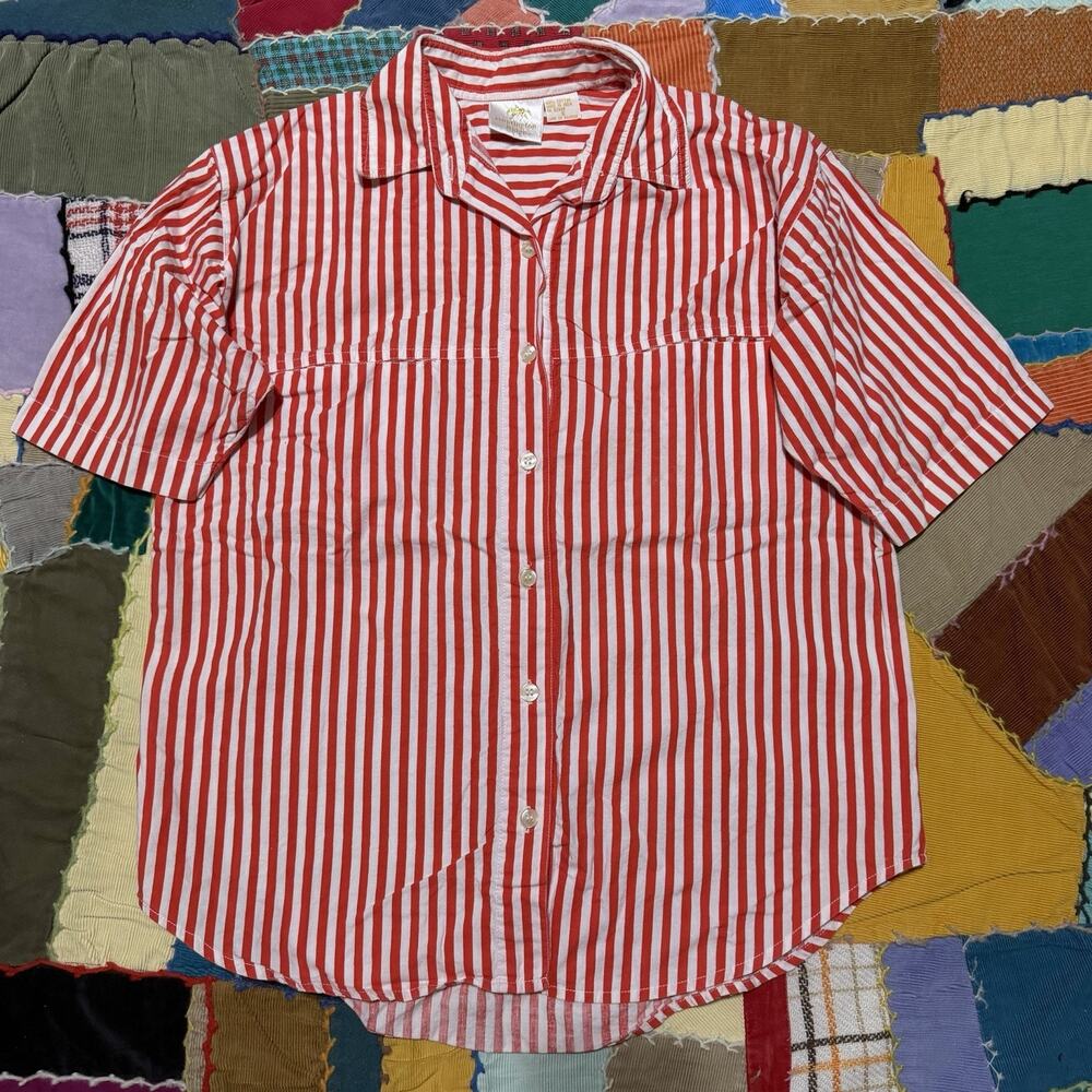 Vintage Huntington Blood Orange Striped with White Short Sleeve Button Up Small